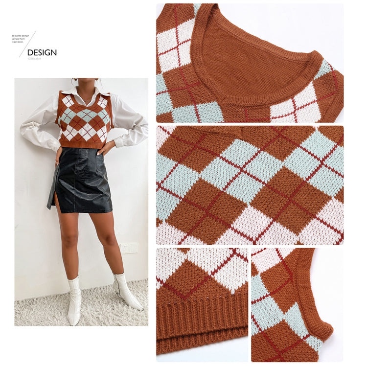 Plaid Sleeveless Ladies V Neck Knit Crop Top Sweater Vest, Size: