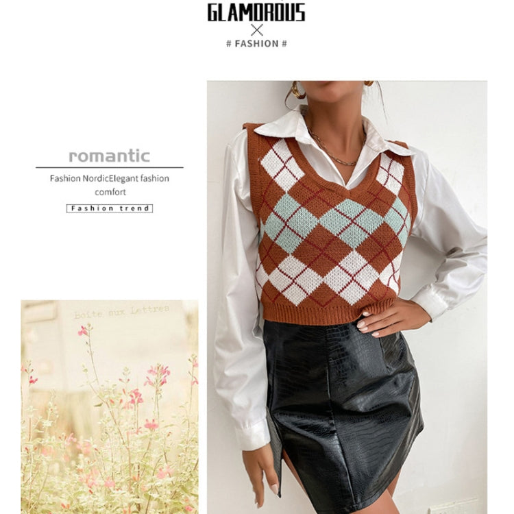 Plaid Sleeveless Ladies V Neck Knit Crop Top Sweater Vest, Size: