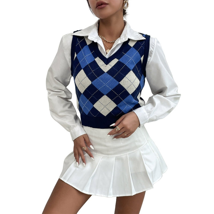 Plaid Sleeveless Ladies V Neck Knit Crop Top Sweater Vest, Size: