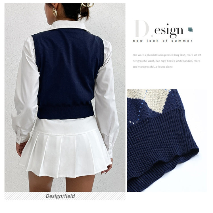 Plaid Sleeveless Ladies V Neck Knit Crop Top Sweater Vest, Size: