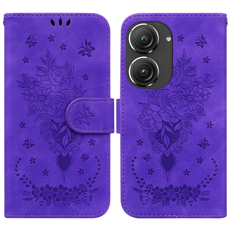 For Asus Zenfone 9 Butterfly Rose Embossed Leather Phone Case