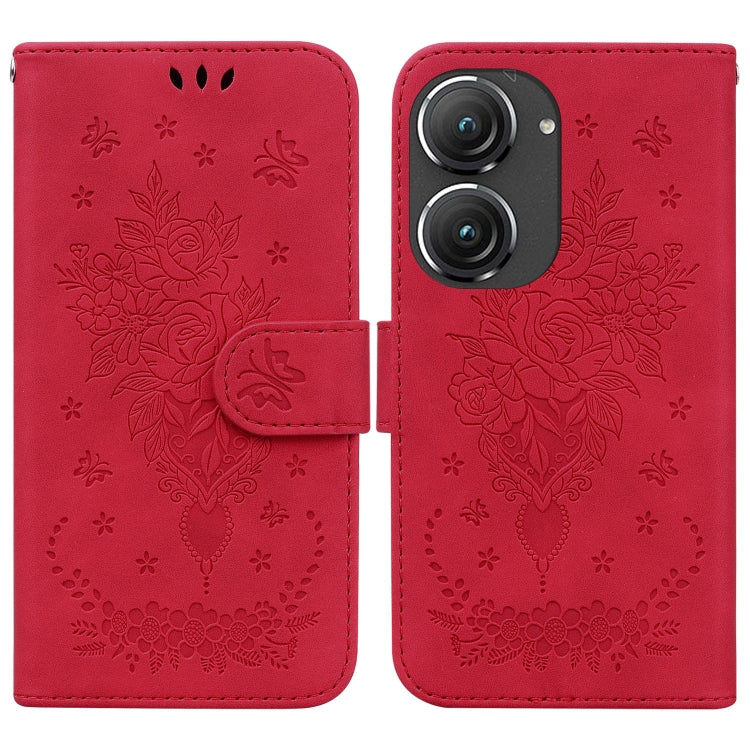 For Asus Zenfone 9 Butterfly Rose Embossed Leather Phone Case