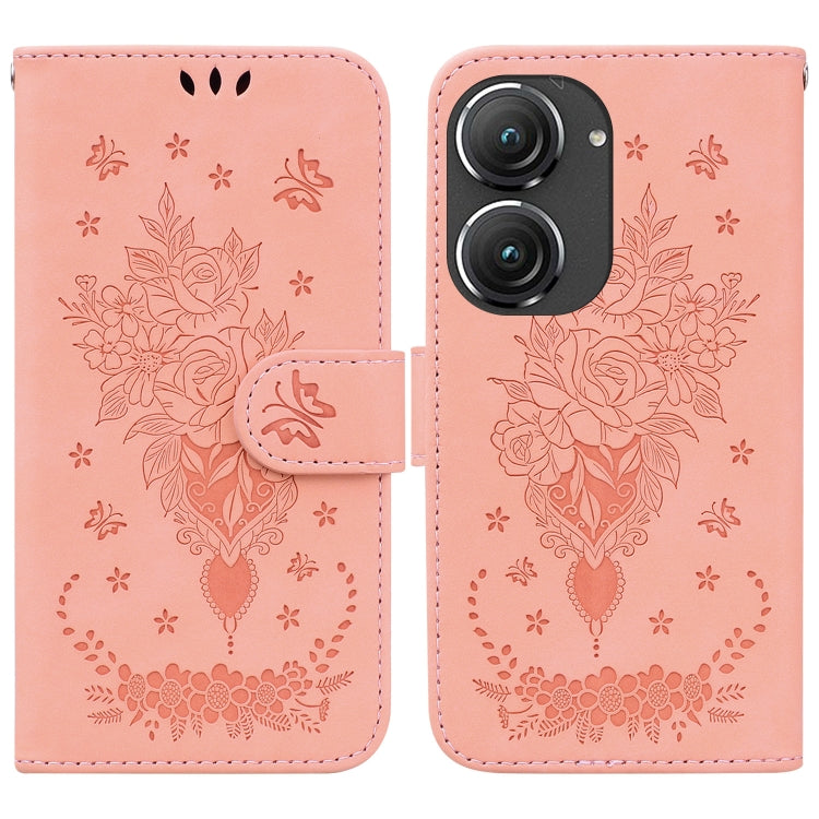 For Asus Zenfone 9 Butterfly Rose Embossed Leather Phone Case