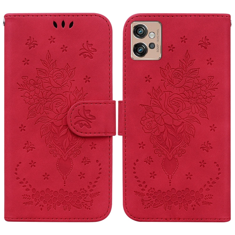 For Motorola Moto G32 Butterfly Rose Embossed Leather Phone Case