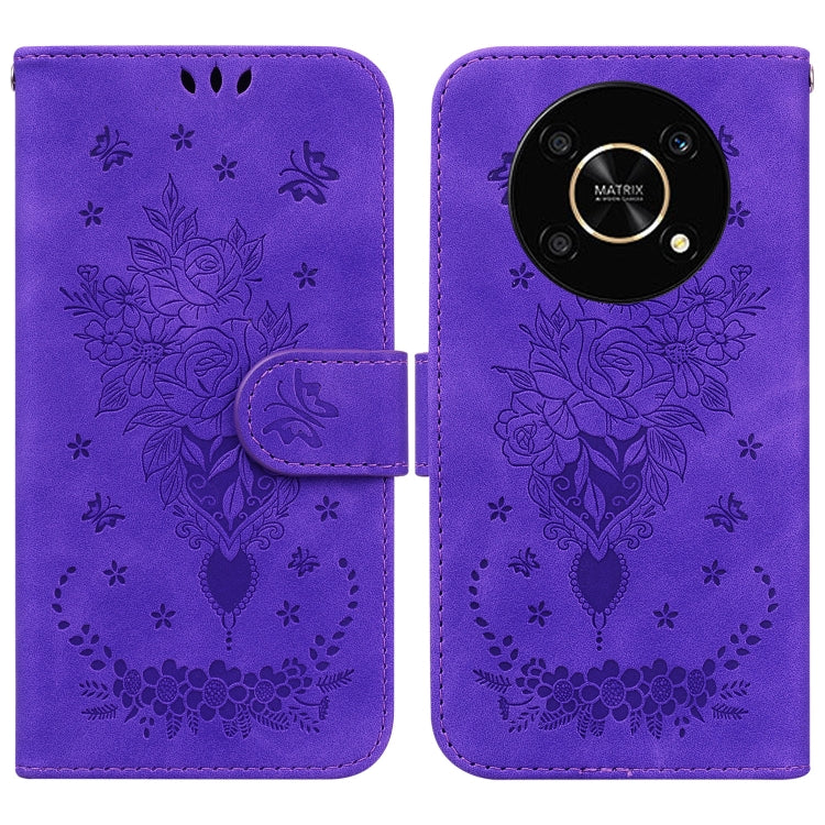 For Honor X9 / X9 5G Butterfly Rose Embossed Leather Phone Case