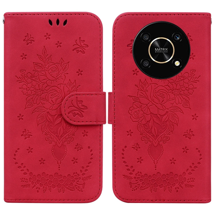 For Honor X9 / X9 5G Butterfly Rose Embossed Leather Phone Case