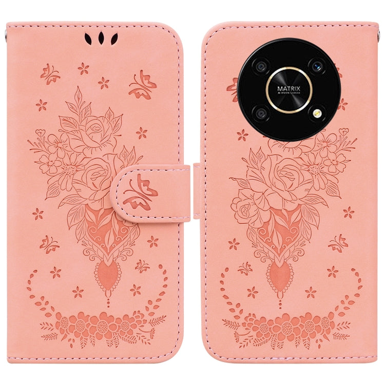 For Honor X9 / X9 5G Butterfly Rose Embossed Leather Phone Case