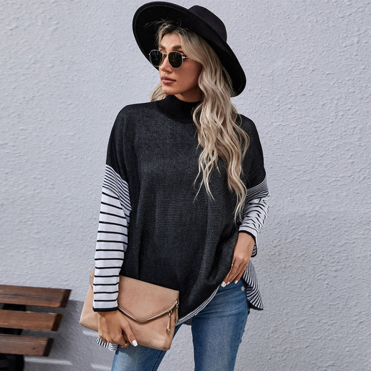 Women Long Sleeve Mock Neck Striped Knit Sweater Casual Tops, Size: