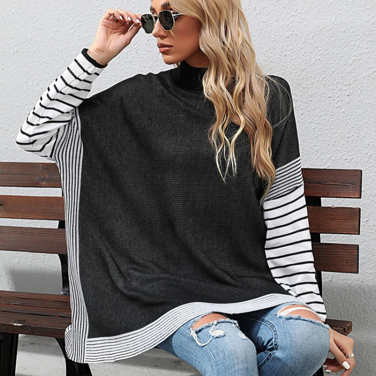 Women Long Sleeve Mock Neck Striped Knit Sweater Casual Tops, Size: