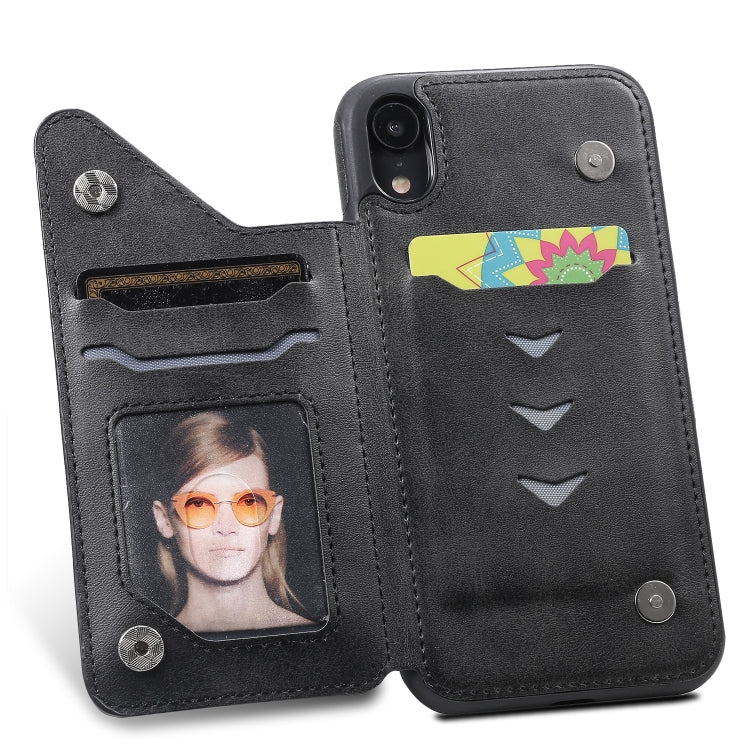 For iPhone XR Shockproof Calf Texture Protective Case with Holder & Card Slots & Frame