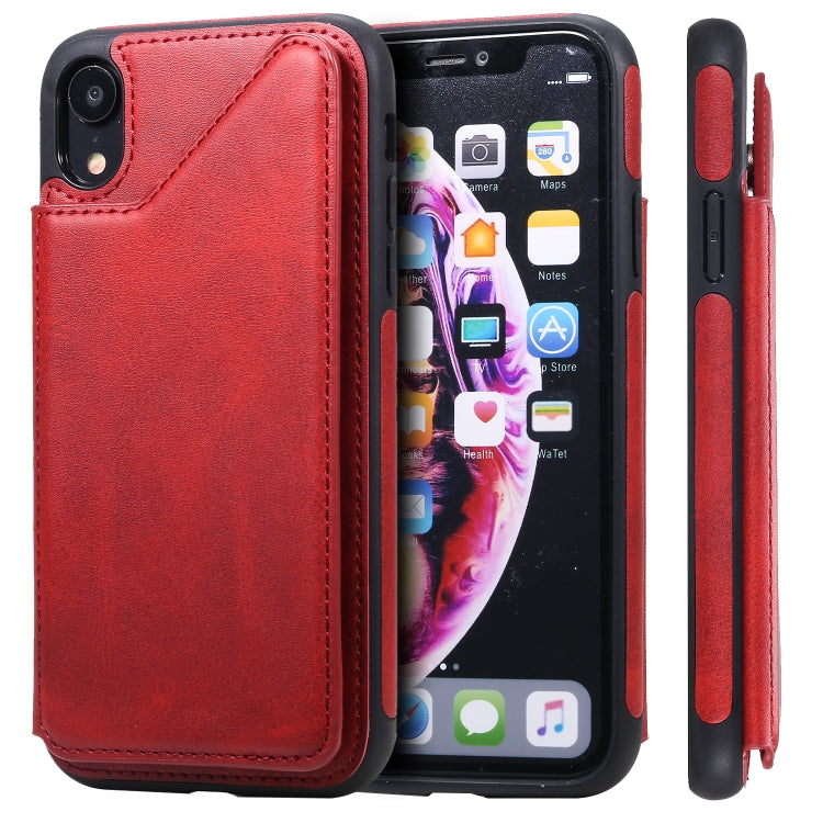 For iPhone XR Shockproof Calf Texture Protective Case with Holder & Card Slots & Frame