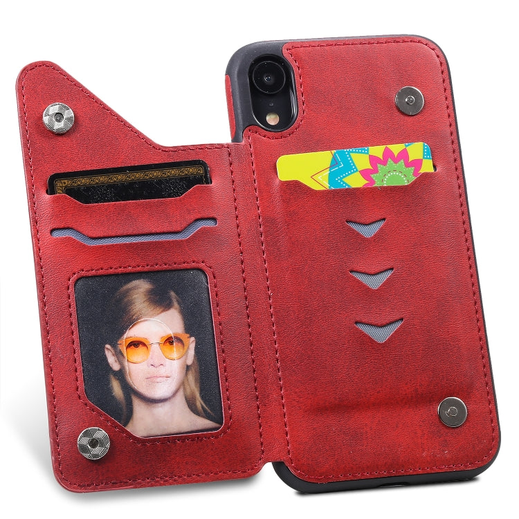 For iPhone XR Shockproof Calf Texture Protective Case with Holder & Card Slots & Frame