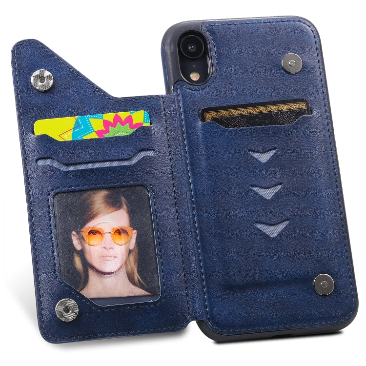 For iPhone XR Shockproof Calf Texture Protective Case with Holder & Card Slots & Frame