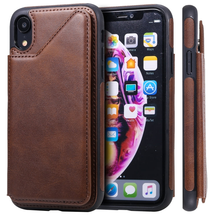For iPhone XR Shockproof Calf Texture Protective Case with Holder & Card Slots & Frame