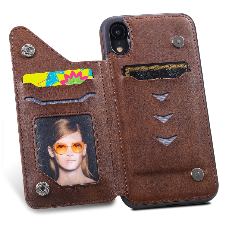 For iPhone XR Shockproof Calf Texture Protective Case with Holder & Card Slots & Frame