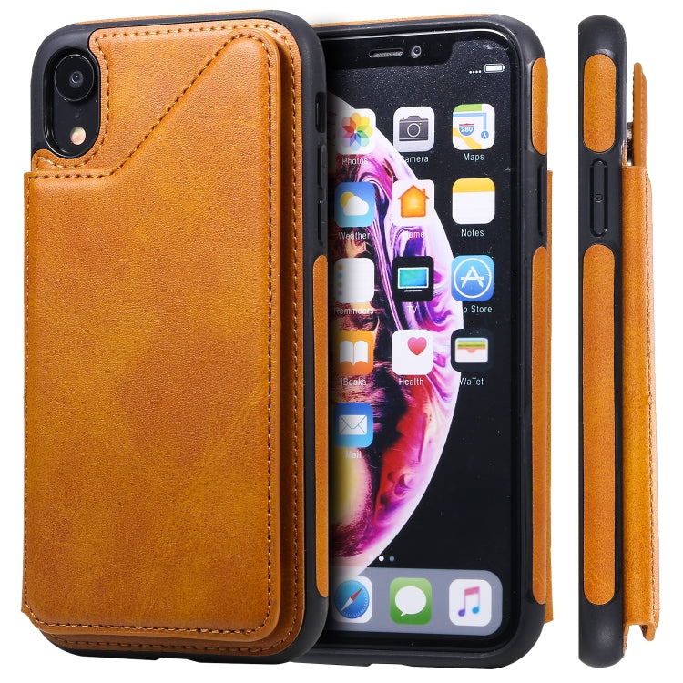 For iPhone XR Shockproof Calf Texture Protective Case with Holder & Card Slots & Frame