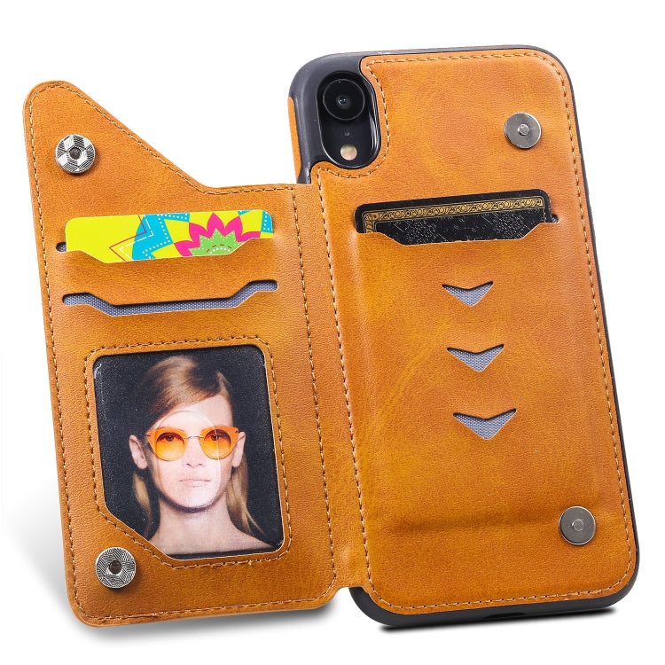 For iPhone XR Shockproof Calf Texture Protective Case with Holder & Card Slots & Frame