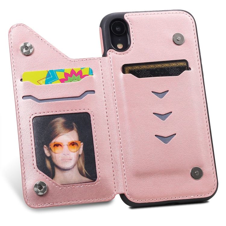 For iPhone XR Shockproof Calf Texture Protective Case with Holder & Card Slots & Frame