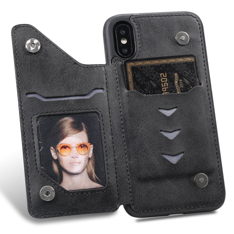 For iPhone XS Shockproof Calf Texture Protective Case with Holder & Card Slots & Frame