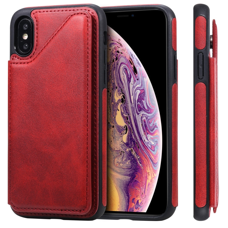 For iPhone XS Shockproof Calf Texture Protective Case with Holder & Card Slots & Frame