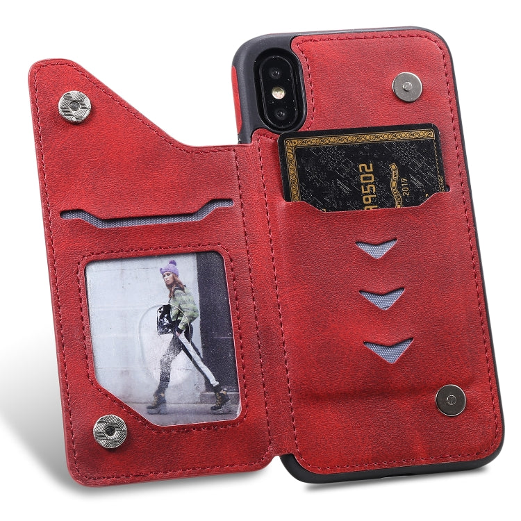 For iPhone XS Shockproof Calf Texture Protective Case with Holder & Card Slots & Frame
