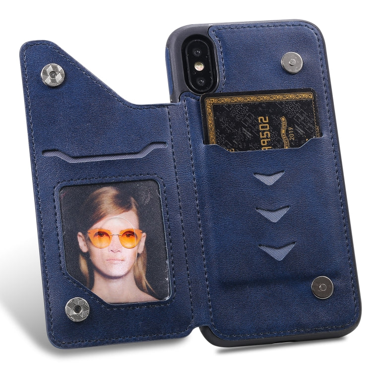For iPhone XS Shockproof Calf Texture Protective Case with Holder & Card Slots & Frame