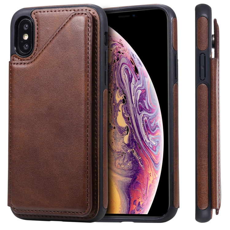 For iPhone XS Shockproof Calf Texture Protective Case with Holder & Card Slots & Frame