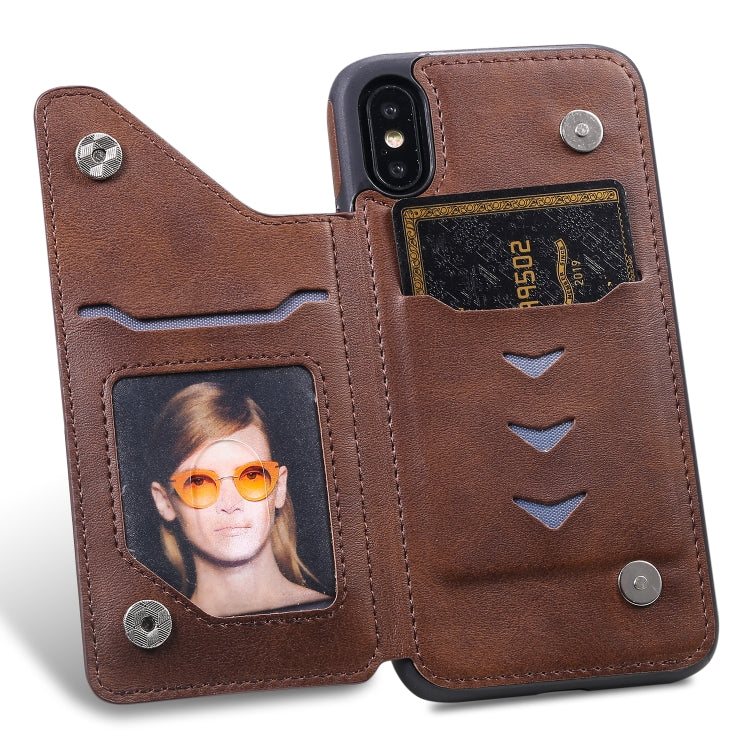 For iPhone XS Shockproof Calf Texture Protective Case with Holder & Card Slots & Frame