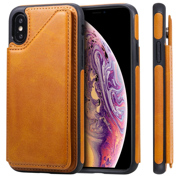 For iPhone XS Shockproof Calf Texture Protective Case with Holder & Card Slots & Frame