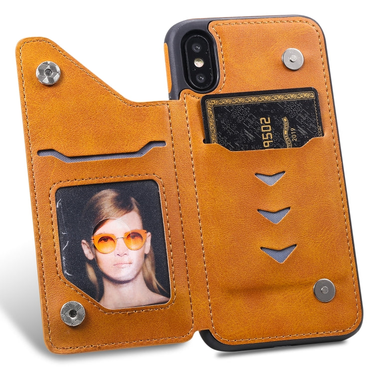 For iPhone XS Shockproof Calf Texture Protective Case with Holder & Card Slots & Frame