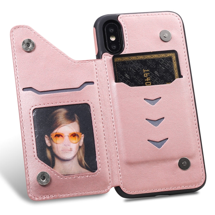 For iPhone XS Shockproof Calf Texture Protective Case with Holder & Card Slots & Frame
