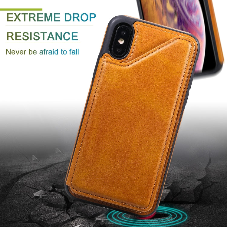 For iPhone XS Shockproof Calf Texture Protective Case with Holder & Card Slots & Frame