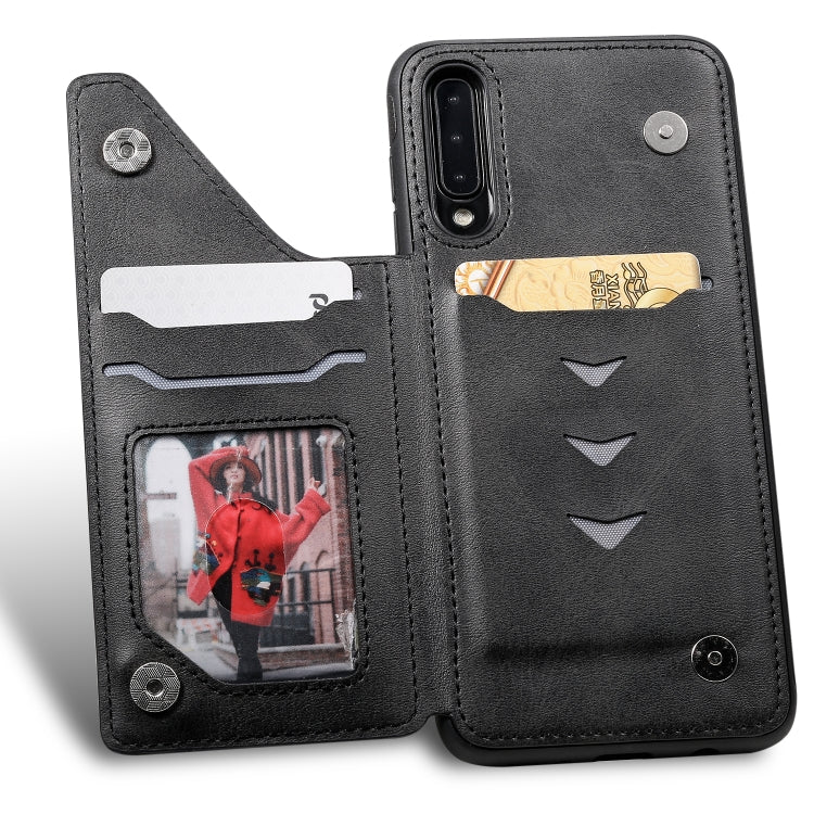 For Galaxy A50 Shockproof Calf Texture Protective Case with Holder & Card Slots & Frame
