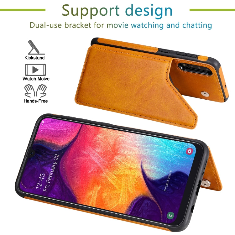 For Galaxy A50 Shockproof Calf Texture Protective Case with Holder & Card Slots & Frame