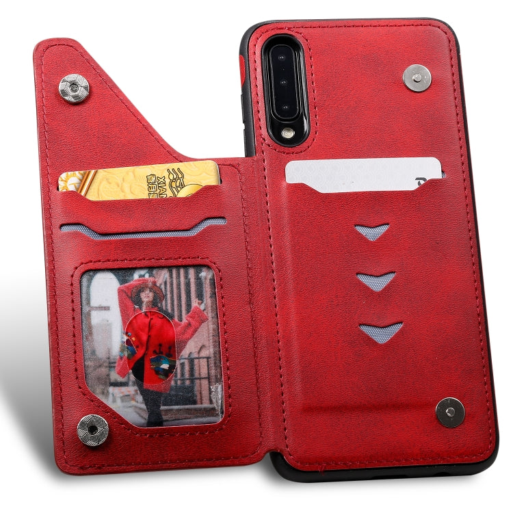 For Galaxy A50 Shockproof Calf Texture Protective Case with Holder & Card Slots & Frame