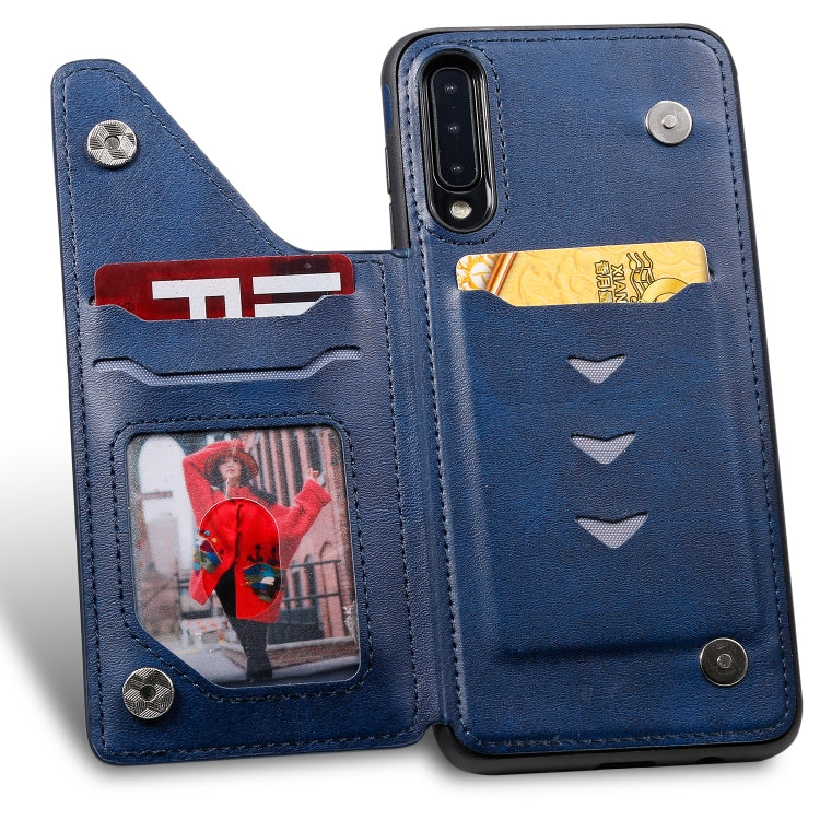 For Galaxy A50 Shockproof Calf Texture Protective Case with Holder & Card Slots & Frame