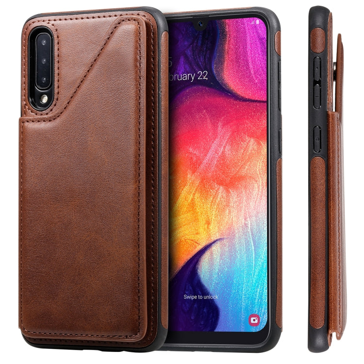 For Galaxy A50 Shockproof Calf Texture Protective Case with Holder & Card Slots & Frame