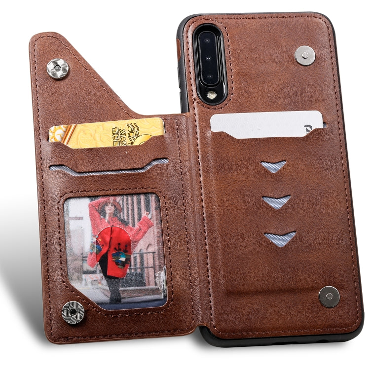 For Galaxy A50 Shockproof Calf Texture Protective Case with Holder & Card Slots & Frame