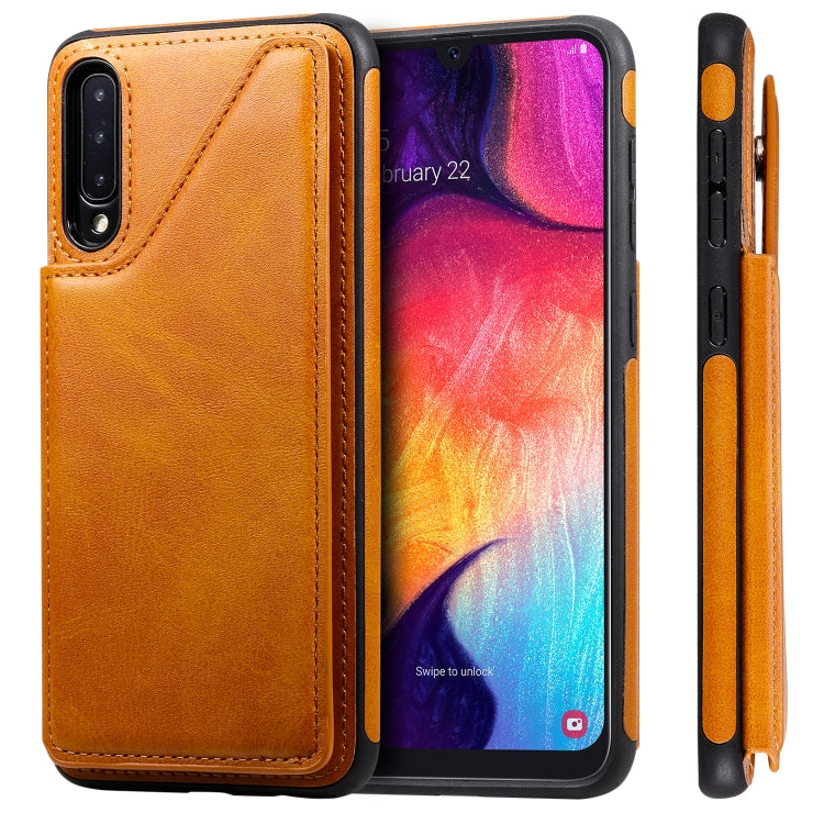 For Galaxy A50 Shockproof Calf Texture Protective Case with Holder & Card Slots & Frame