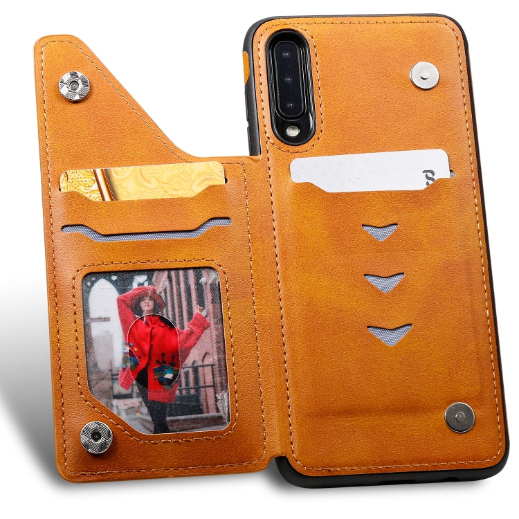 For Galaxy A50 Shockproof Calf Texture Protective Case with Holder & Card Slots & Frame