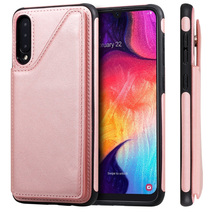 For Galaxy A50 Shockproof Calf Texture Protective Case with Holder & Card Slots & Frame