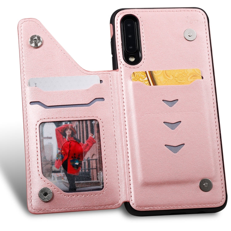 For Galaxy A50 Shockproof Calf Texture Protective Case with Holder & Card Slots & Frame