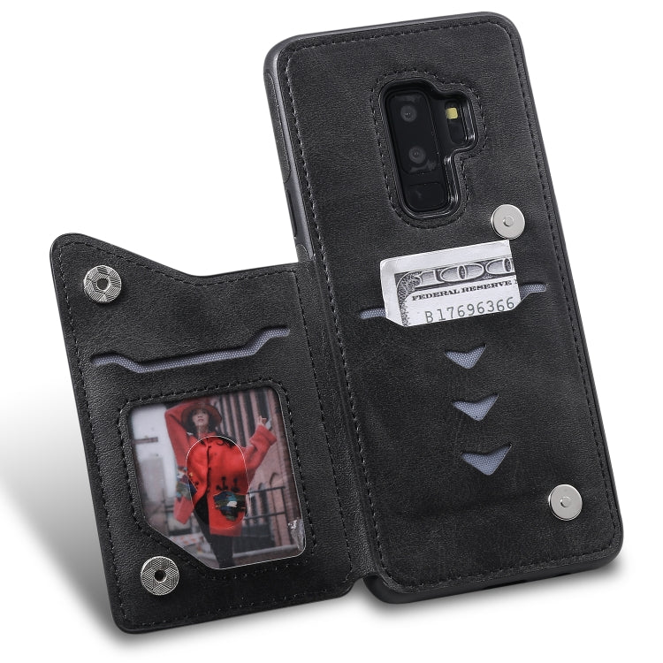 For Galaxy S9+ Shockproof Calf Texture Protective Case with Holder & Card Slots & Frame