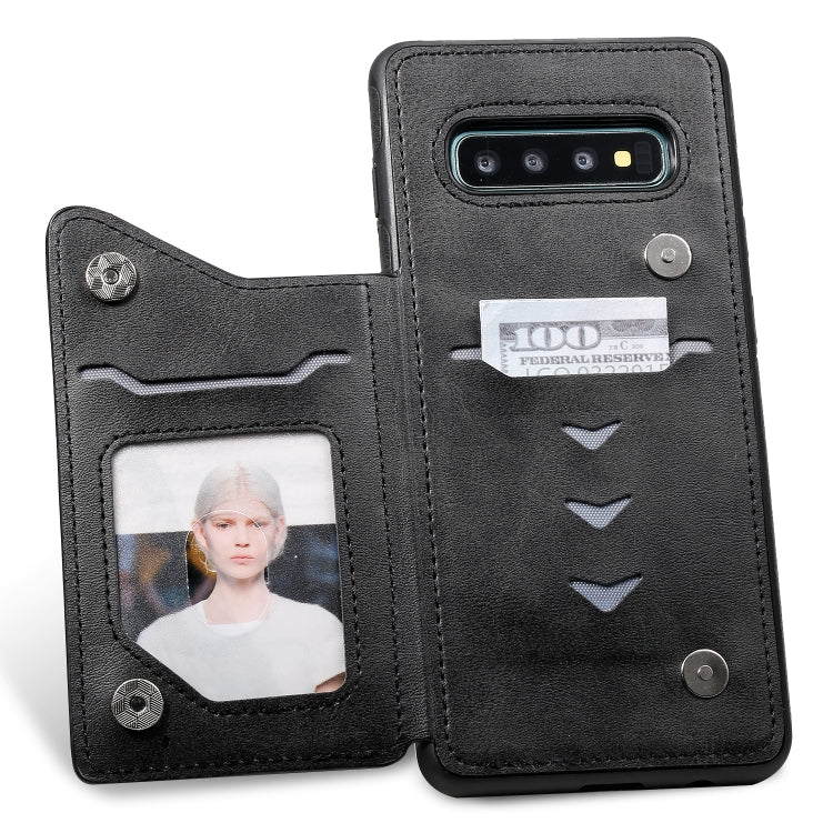 For Galaxy S10+ Shockproof Calf Texture Protective Case with Holder & Card Slots & Frame