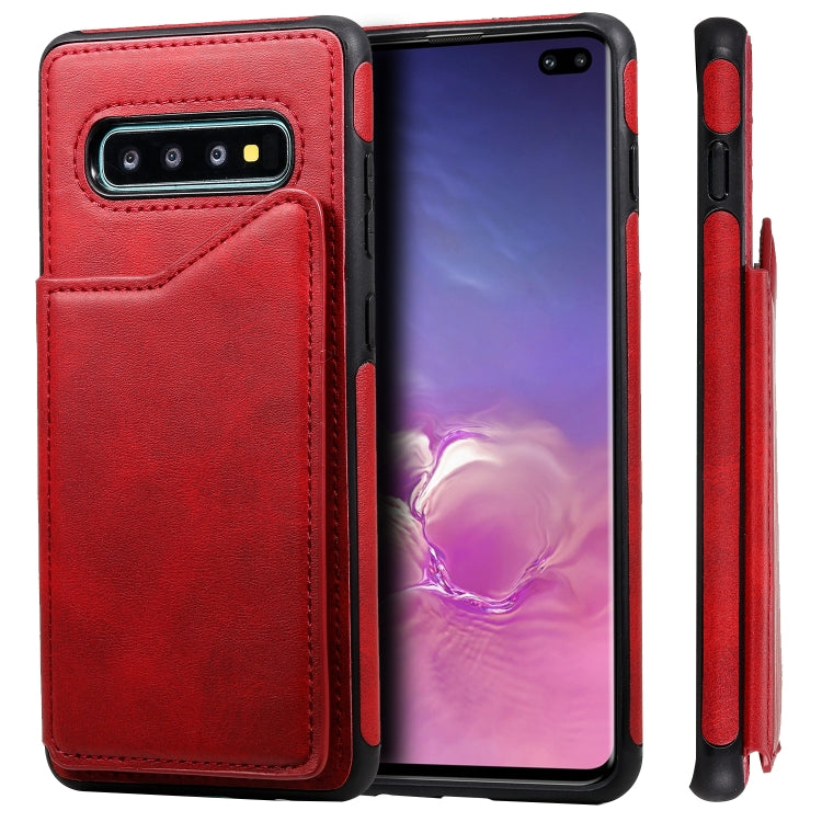 For Galaxy S10+ Shockproof Calf Texture Protective Case with Holder & Card Slots & Frame