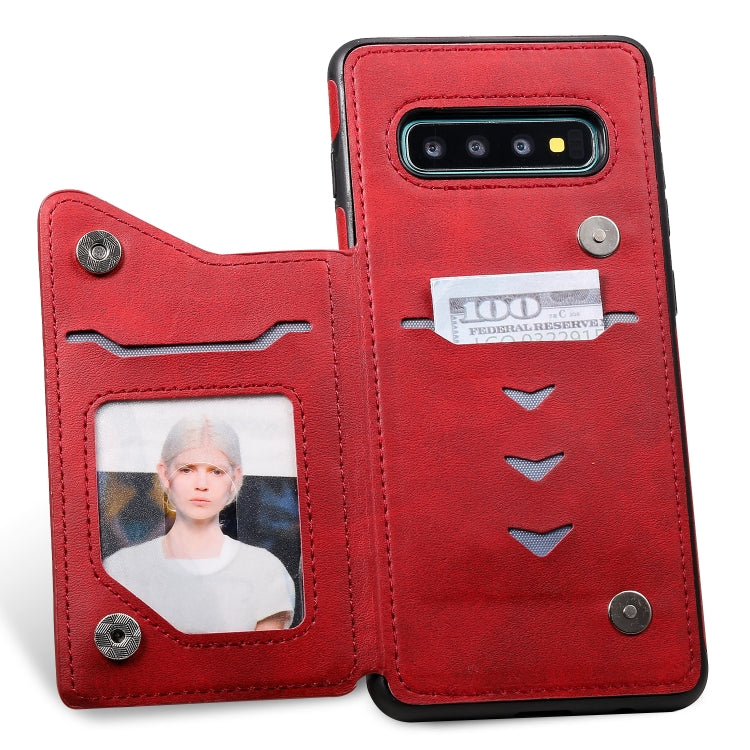 For Galaxy S10+ Shockproof Calf Texture Protective Case with Holder & Card Slots & Frame