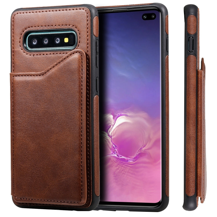 For Galaxy S10+ Shockproof Calf Texture Protective Case with Holder & Card Slots & Frame