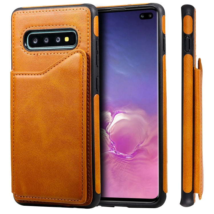 For Galaxy S10+ Shockproof Calf Texture Protective Case with Holder & Card Slots & Frame