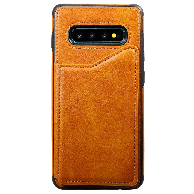 For Galaxy S10+ Shockproof Calf Texture Protective Case with Holder & Card Slots & Frame