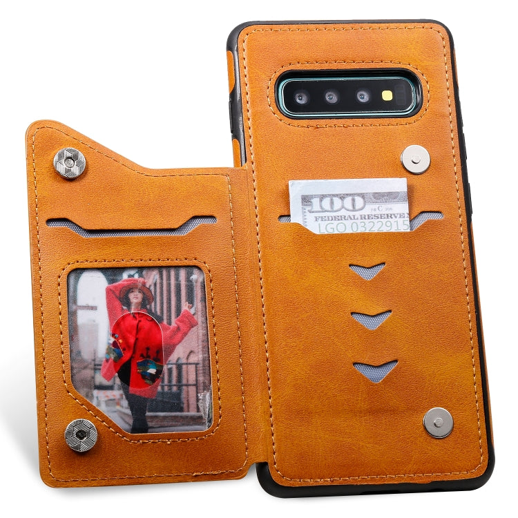 For Galaxy S10+ Shockproof Calf Texture Protective Case with Holder & Card Slots & Frame